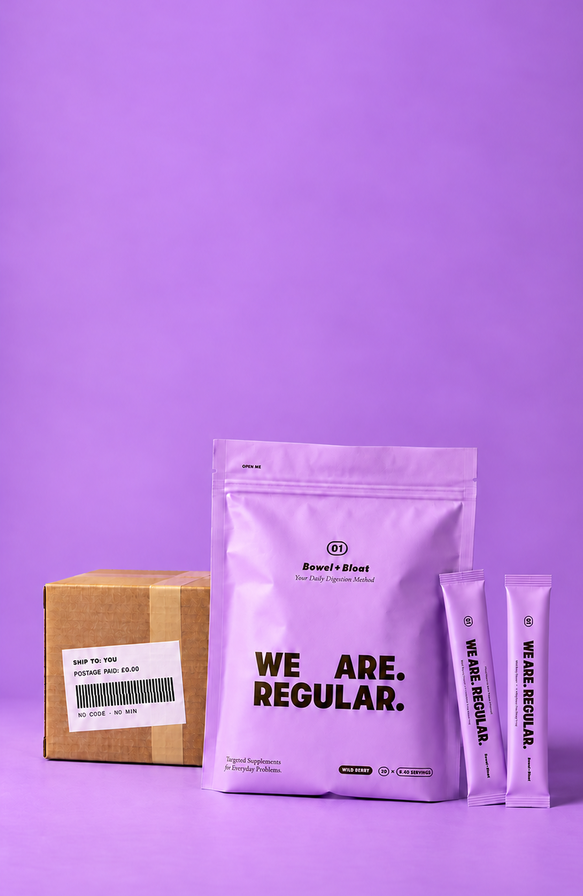 We Are Regular 01 Bowel + Bloat pouch and sachets next to a shipping box with postage paid £0.00