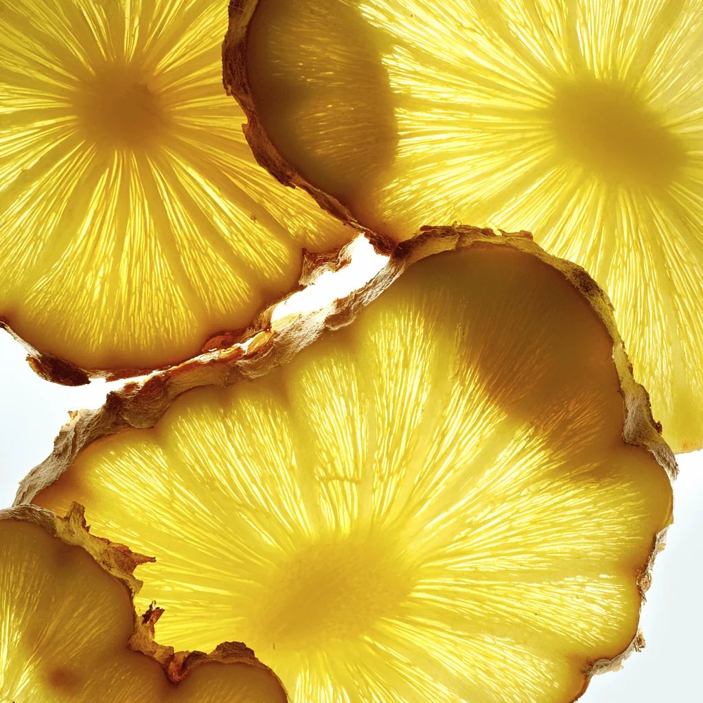 Backlit slices of fresh root ginger