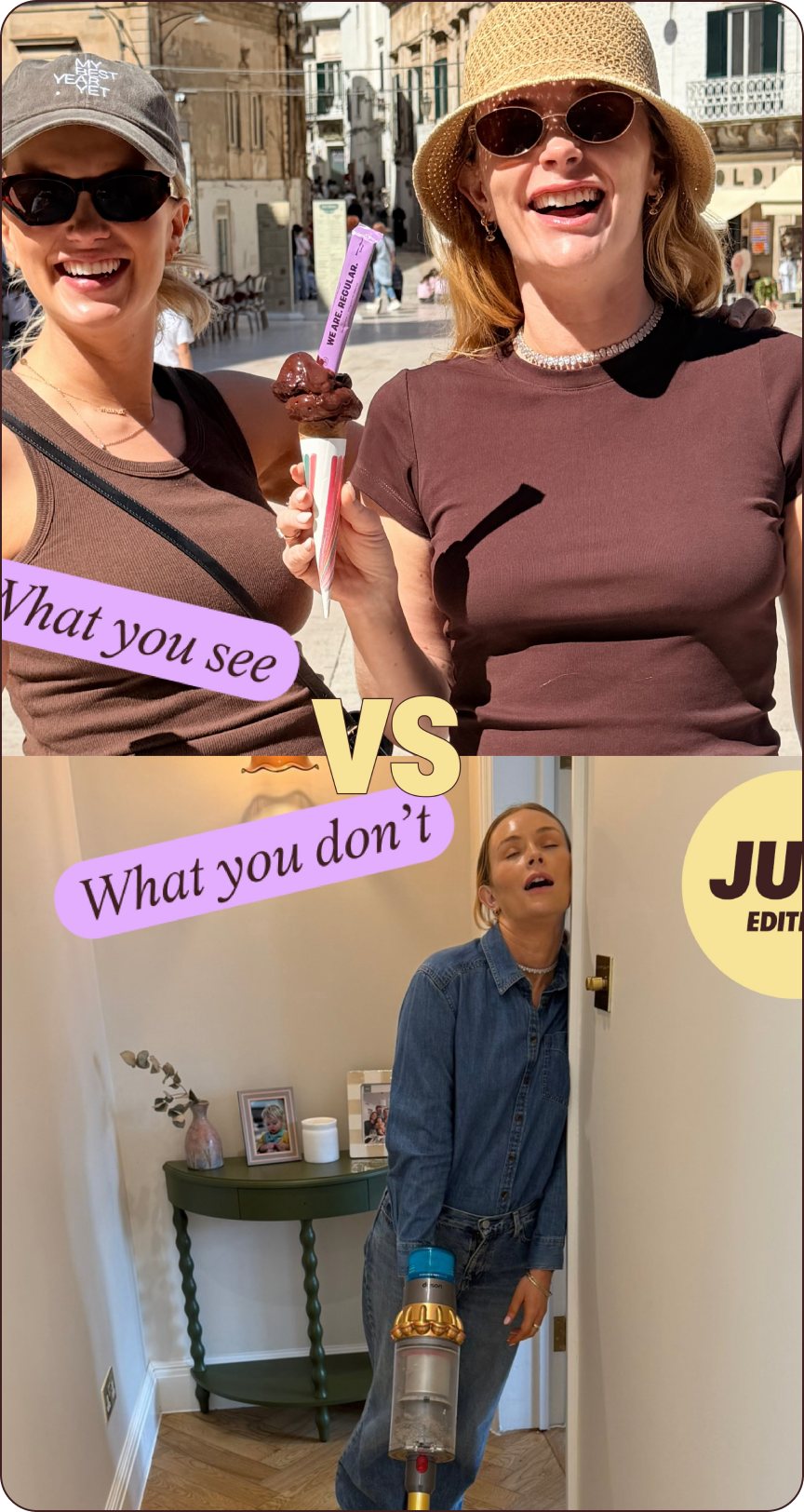 Two customers laughing in a sunny Italian street, one holding a chocolate gelato with a stick of 01. Bowel + Bloat in it