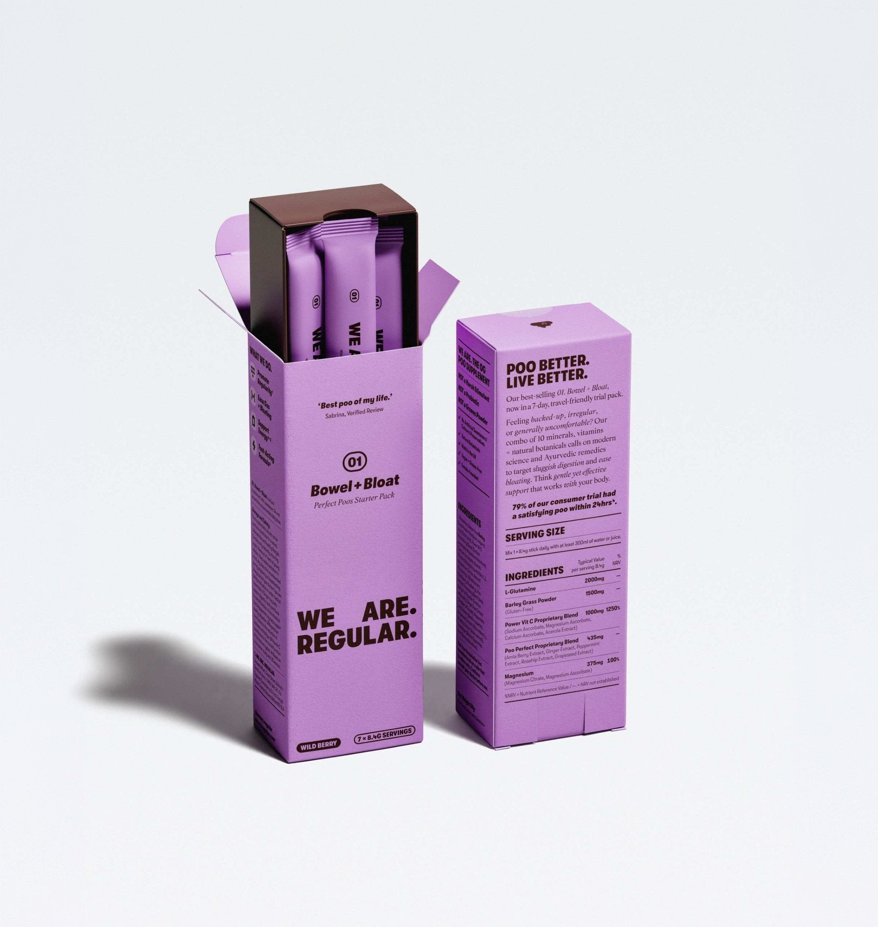 The WE ARE. REGULAR. Perfect Poos Starter Pack box, open to show seven Wild Berry sticks of 01. Bowel + Bloat
